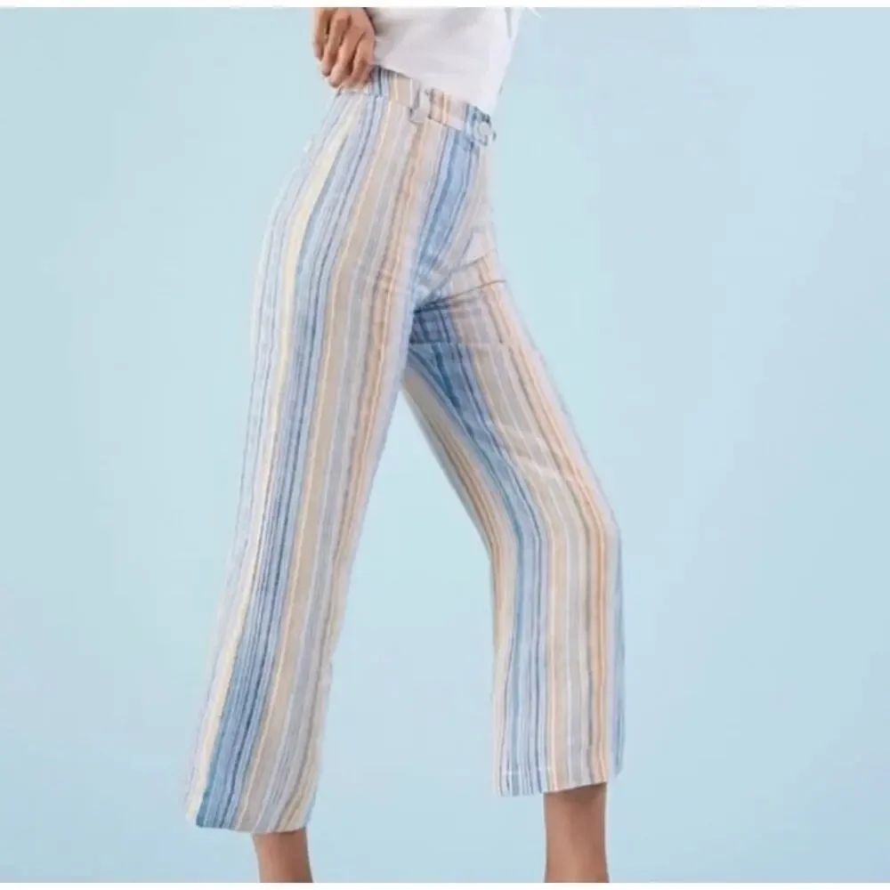 Reformation Tahiti Linen Pants Marbella Stripe High Rise Cropped 8 Blue Orange
